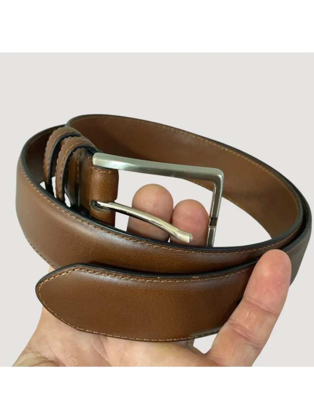Kenneth Cole Men's S 30-32 Brown Leather Belt With Silver Buckle